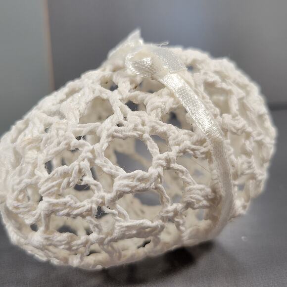 Set of 2 Eggs White Handmade Crochet Hanging Lace Ornaments with Ribbon Bows - Picture 6 of 10